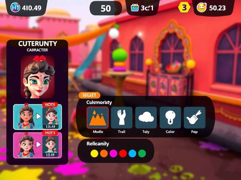 Joyous Holi Expedition gameplay screenshot showing colorful celebration